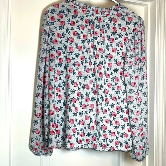 LOFT • Women’s Floral Ruffle Henley Mixed Media Top Blouse - Size M - Picture 2 of 4